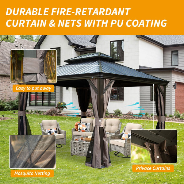 English Elm 10' X 12' Hardtop Gazebo - Durable Metal Canopy With Drainage, Curtains & Netting For Outdoor Relaxation W1859S00134