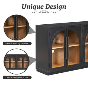 English Elm TREXM Arched Glass Door Sideboard Buffet Cabinet with Adjustable Shelves, Cable Management, 64" Black XW000021AAB