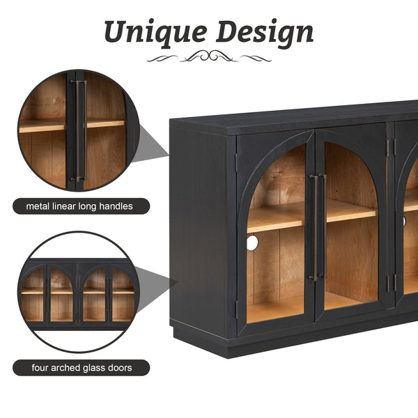 English Elm TREXM Arched Glass Door Sideboard Buffet Cabinet with Adjustable Shelves, Cable Management, 64" Black XW000021AAB