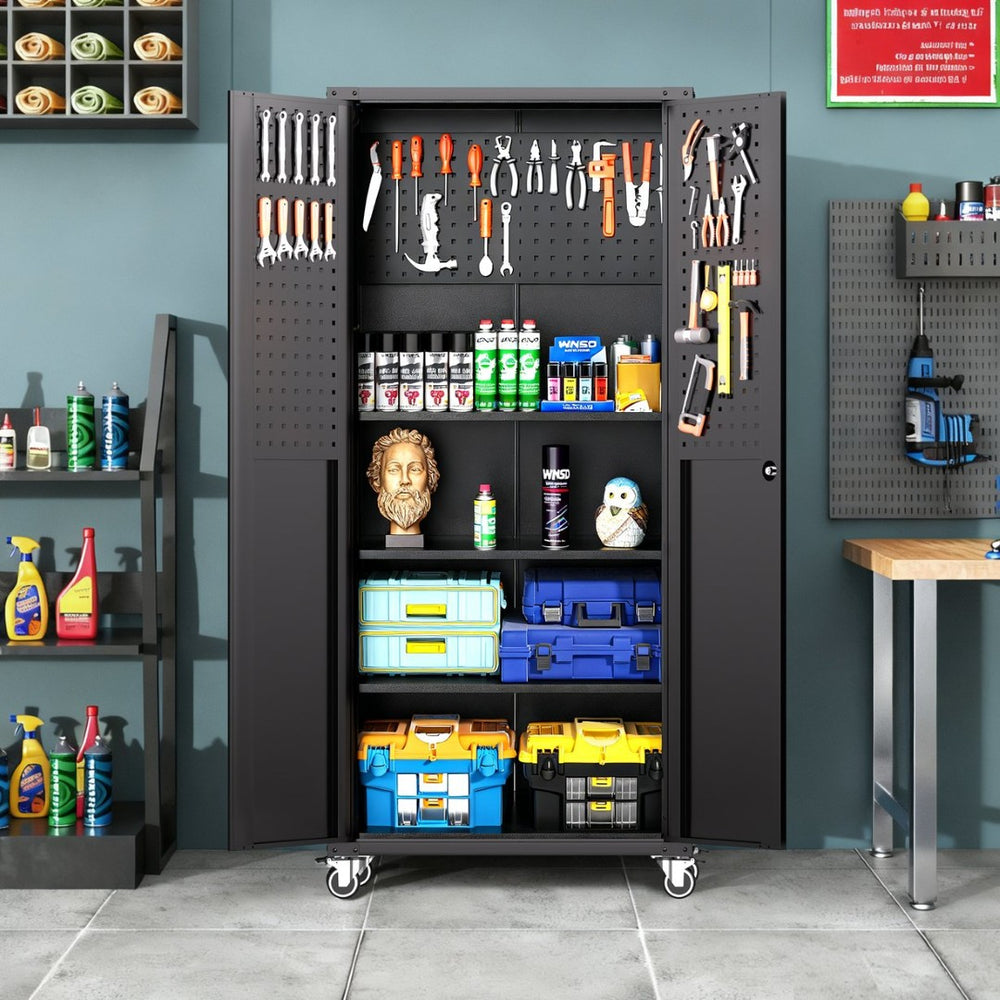 English Elm 71" Rolling Steel Garage Cabinet Lockable Doors Adjustable Shelves Heavy Duty T2398P413023
