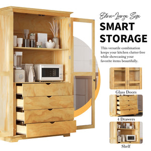 English Elm Topmax Solid Pine Pantry Cabinet with Glass Doors Four Drawers Farmhouse Storage Natural SP000086AAA