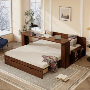 English Elm Queen Daybed with Hydraulic Desk Storage Drawers and Convertible Sofa for Small Spaces Espresso LT000272AAP