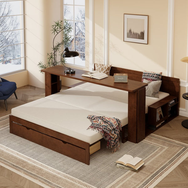 English Elm Queen Daybed with Hydraulic Desk Storage Drawers and Convertible Sofa for Small Spaces Espresso LT000272AAP