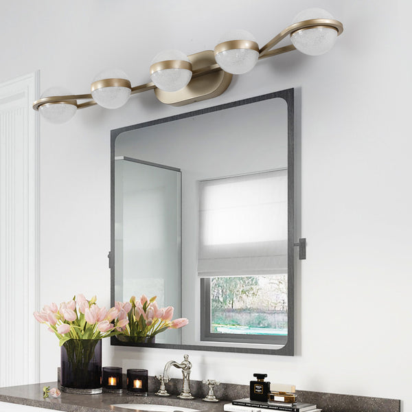 English Elm Bathroom Vanity Light - Elegant 5-Bulb Led Fixture With Crystal Sand Shades In Champagne Gold Finish W2312P374868