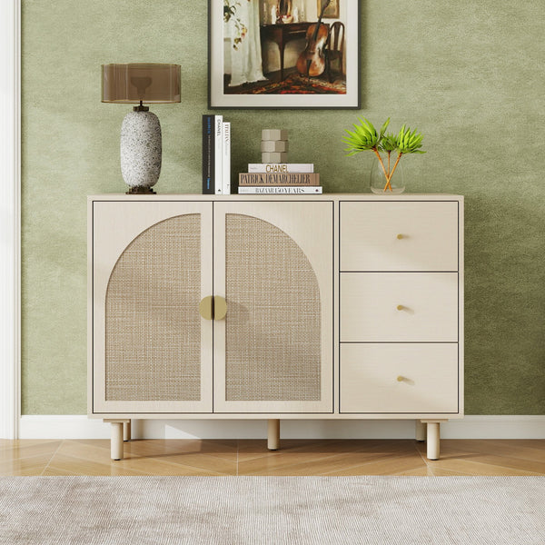 English Elm 2 Door 3 Drawer Cabinet with Engineered Rattan Finish, Pine Feet, Metal Semi-Circle Handles, Durable Natural W688134397