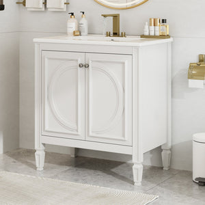 English Elm Christopher Knight Home® - 30" Bathroom Vanity with Sink Vintage Freestanding Ceramic Top Soft-Close Doors Gold Knobs, Storage White N759P226000K