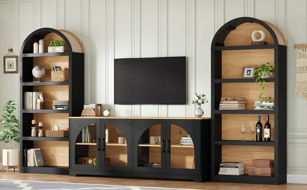 English Elm 3-piece Farmhouse Entertainment Center with Arched Glass Doors and Open Tower Shelving Black N721S000070B