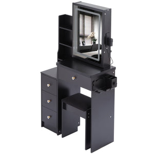 English Elm 29.2" Stylish Left Bedside Vanity Table Set With Led Mirror, Power Station & Cushioned Stool For Comfort W936P202471