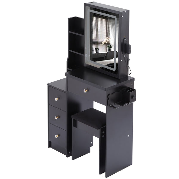 English Elm 29.2" Stylish Left Bedside Vanity Table Set With Led Mirror, Power Station & Cushioned Stool For Comfort W936P202471
