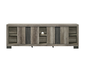 English Elm 1pc Modern Entertainment Console with Industrial Edge, Grey Wood Finish, Open Shelf & Two Drawers Brown Grey 19.69 L x 75 W x 26.38 H B2741P295455