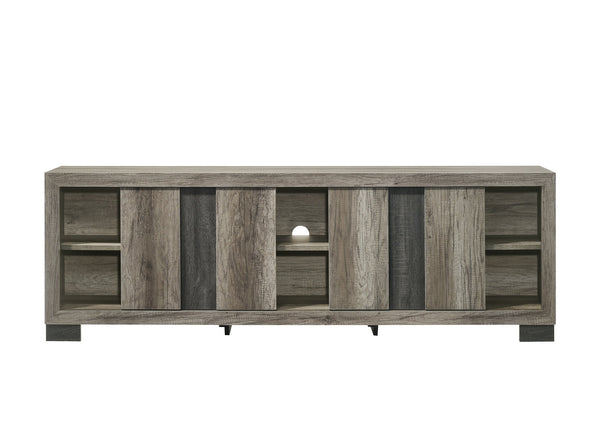 English Elm 1pc Modern Entertainment Console with Industrial Edge, Grey Wood Finish, Open Shelf & Two Drawers Brown Grey 19.69 L x 75 W x 26.38 H B2741P295455