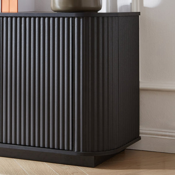 English Elm Sideboard Wave Front Buffet Cabinet with Push Open Doors and Matte Black Finish W1162P323741