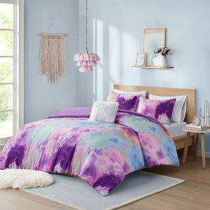 JLA Home Intelligent Design - Watercolor Cassiopeia Tie Dye Duvet Cover Set with Plush Pillow, OEKO-TEX Antimicrobial Finish Lavender ID12-2259