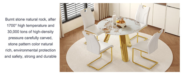 English Elm Table Set - 42-Inch Round White Imitation Marble Top With 4 Ergonomic Dining Chairs & Gold Legs W2920S00049-GIGA