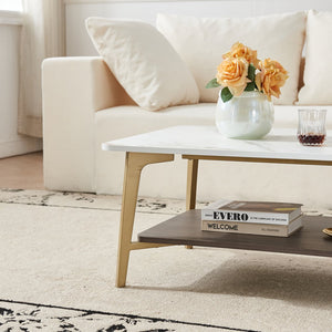 English Elm Coffee Rectangular Coffee Table with Golden Metal Frame & White MDF Shelf, Spacious Open Storage W1911P269599