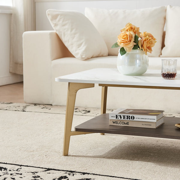 English Elm Coffee Rectangular Coffee Table with Golden Metal Frame & White MDF Shelf, Spacious Open Storage W1911P269599