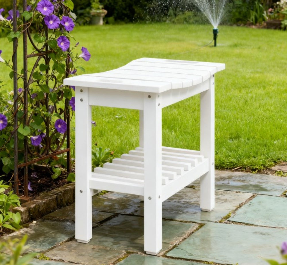 English Elm Shower Bench with Two Tier Storage Shelf Hdpe Wood Grain Finish for Bath or Poolside T3971P417395