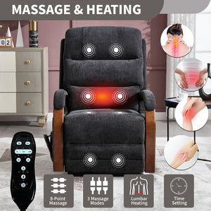 English Elm Power Lift Recliner Chair Chenille Upholstery Dual Motor Heat Massage Solid Wood Arms Black W1803S00076