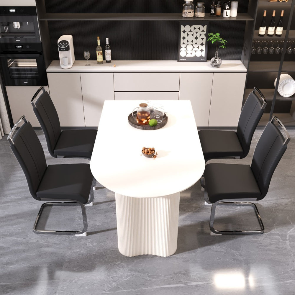 English Elm 63 Inch Cream Mdf Dining Table Set with Pu Chairs and Sculptural Wavy Legs for Five W2189S00903