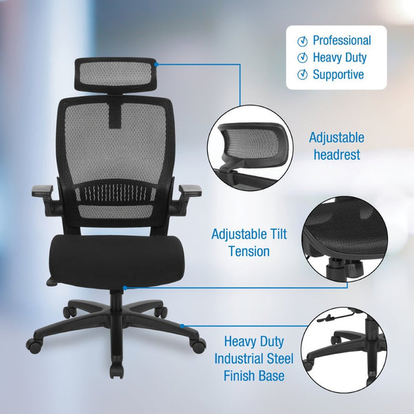 OSP Home Furnishings Mesh Back Ergonomic Manager Chair with Adjustable Headrest Lumbar Support and Flip Armrests EMM65151HR-3