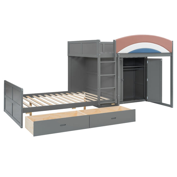 English Elm Full Size Offset Bunk Bed with Wardrobe Hanging Rod Drawers and Upholstered Rail Gray N820S00081E