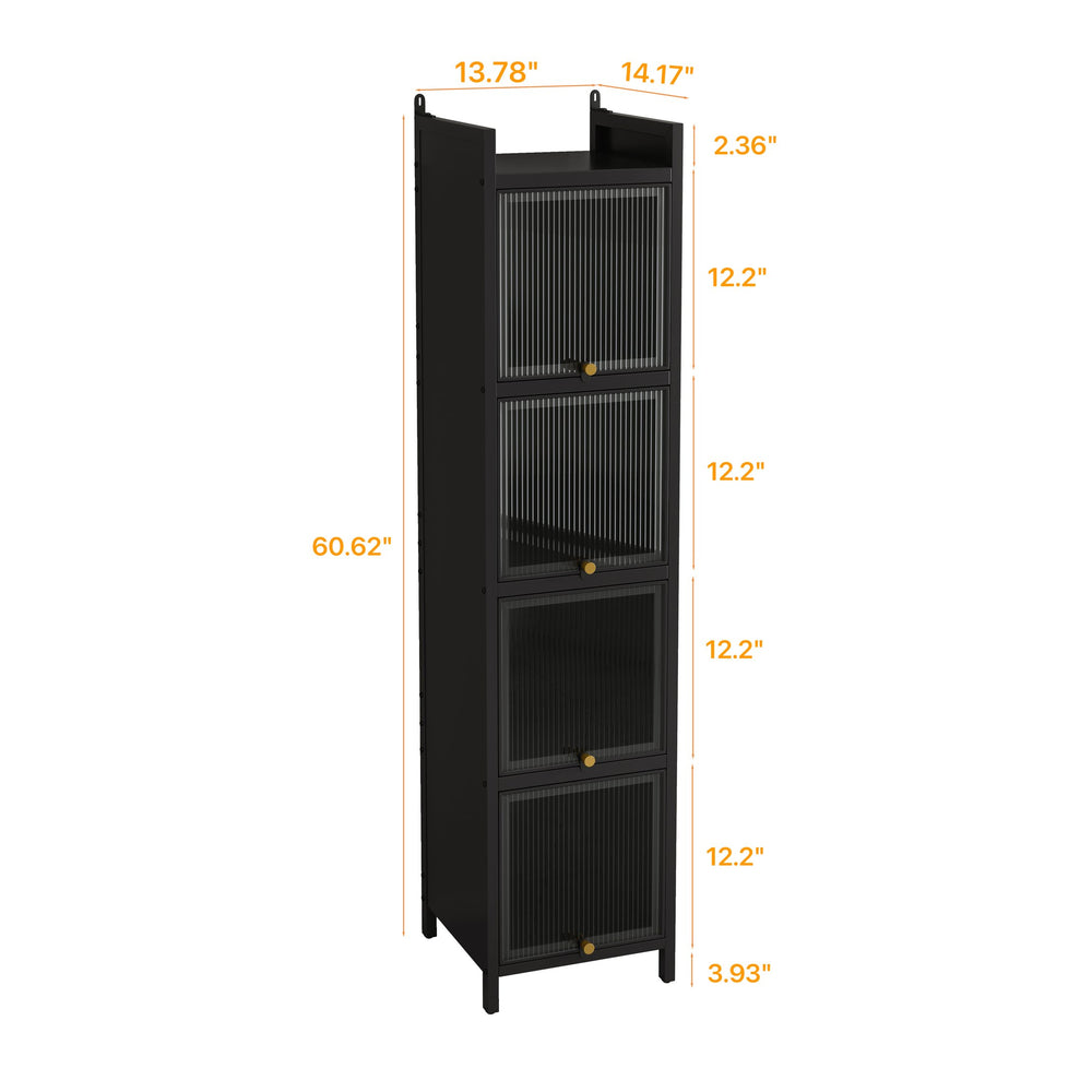 English Elm Modern Four-tier Glass Door Cabinet with Slim Iron Frame, Five Shelves, Heavy-Duty 33lb Capacity Black W757P241562