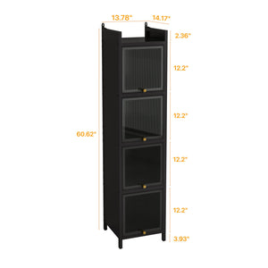 English Elm Modern Four-tier Glass Door Cabinet with Slim Iron Frame, Five Shelves, Heavy-Duty 33lb Capacity Black W757P241562
