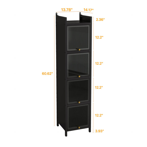 English Elm Modern Four-tier Glass Door Cabinet with Slim Iron Frame, Five Shelves, Heavy-Duty 33lb Capacity Black W757P241562