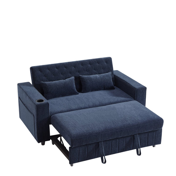 English Elm 61.4" Pull-out Sofa Bed Loveseat with Adjustable 3-Position Backrest, USB Ports, Cup Holders, Storage Rack Blue N719S001900C