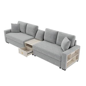 English Elm Modern Chenille Modular Sofa with Storage Armrest Console Table Living Room Seating Grey N763S000064E