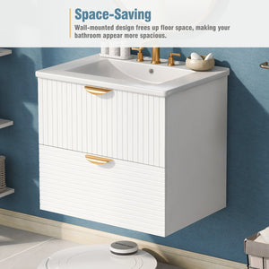 English Elm Modern 24-Inch Wall-Mounted Bathroom Vanity with 2 Drawers, Gold Handles, Space-Saving Luxury White WF324047AAK