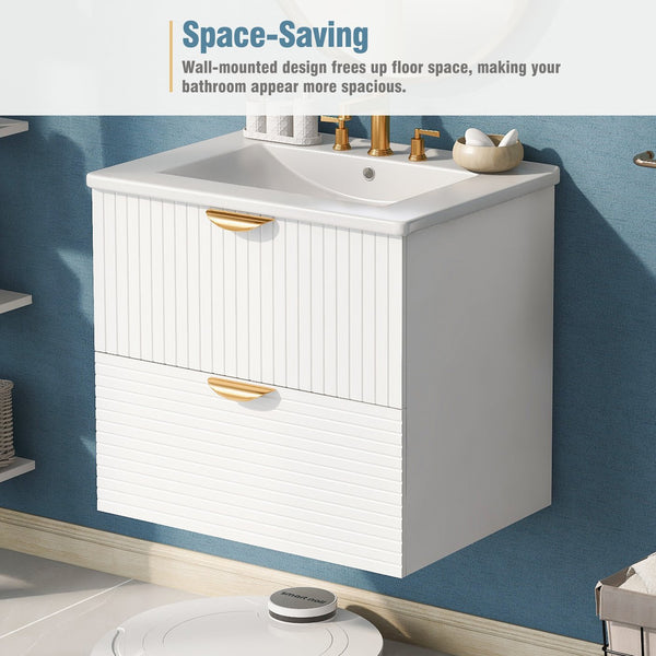 English Elm Modern 24-Inch Wall-Mounted Bathroom Vanity with 2 Drawers, Gold Handles, Space-Saving Luxury White WF324047AAK