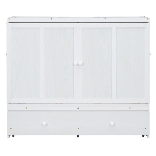 English Elm Full Size Wall Murphy Bed Cabinet with Storage Drawer and Built-in Usb Charging White N708P205903K