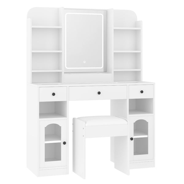 English Elm 43.2" Bedroom Dressing Table with Rgb Lit Glass Cabinets Led Mirror and Charging Station White N704P407114K