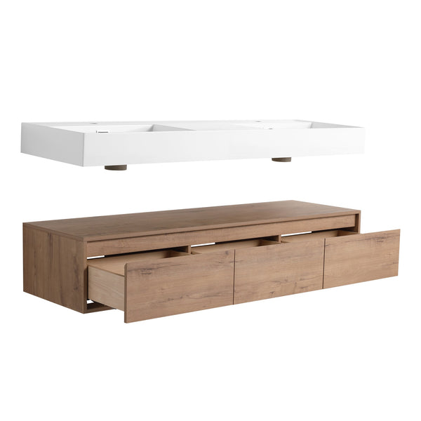 English Elm 60 Inch Wall-Mounted Modern Bathroom Vanity With Dual Resin Sinks, Soft Close Drawers & Chic Design W999S00356