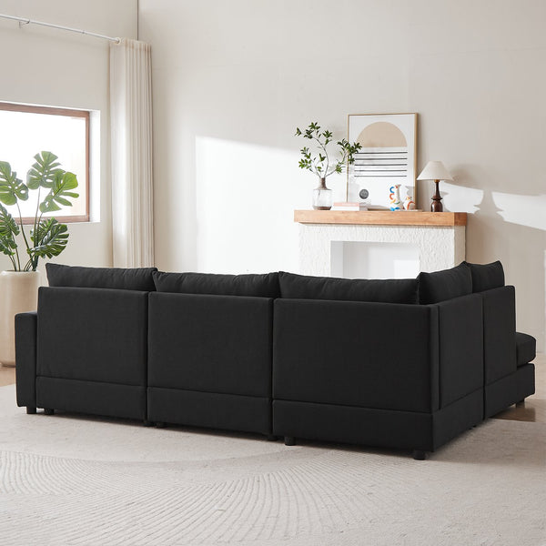 English Elm MH100.2" Sofa Convertible L-Shaped Linen Sectional with Movable Ottoman 5 Cushions 4 Lumbar Pillows Black W1193S00141