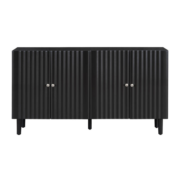 English Elm U_STYLE Four-Door Sideboard with Wavy Panel Doors, Cylindrical Wood Legs, Sleek Metal Handles, 67" länge Black N711P186790B