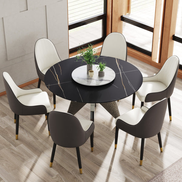 English Elm 53" Round Marble Dining Table - Elegant Sintered Stone Top With Stainless Steel Base For 6 People W1535S00388