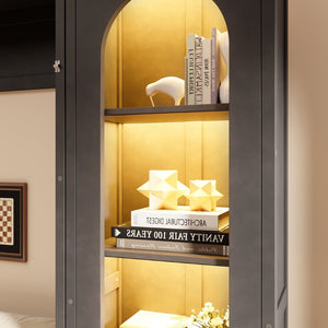 English Elm Queen Murphy Bed with Led Lighting Side Cabinets Shelving and Fold Down Desk Panel Gray N7090002226E-1