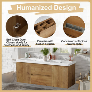English Elm [video]59.3 Inch Wall Mounted Double Sink Vanity Wood Grain Mdf Soft Close Storage N729P000026N