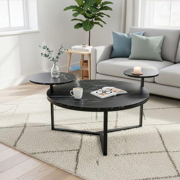 English Elm Modern round coffee table with black faux marble top, tripod metal base and two display shelves, sleek storage flair N735P177472B