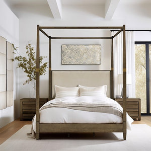 English Elm Canopy Queen Bed Brown Upholstered Canopy Frame Solid Wood Blend, Foam-Padded Headboard, Elegant Design B035S00062
