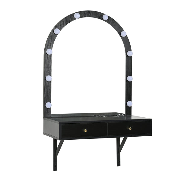 English Elm Floating Makeup Vanity Desk with LED 3-Mode Mirror, USB/Type-C Charging Port and Spacious Drawers Black N844P263662B