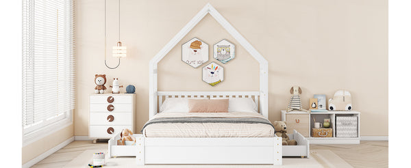 English Elm Wood Queen Size House Platform Bed with Guardrail and 2 Drawers — Charming Kids’ Playful Storage Bedframe White GX000726AAK