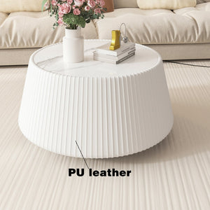 English Elm Light Sintered Stone Top Round Coffee Table with Sculpted Leather Base for Living Room Cream White,Grey W3081P367595