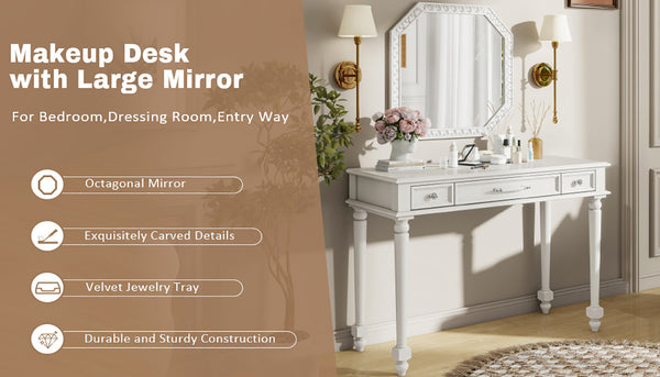 English Elm Retro Octagonal Mirror Vanity Desk with Velvet Jewelry Tray, 3 Carved Drawers, Elegant White Console Table (43.6") N844P292482A