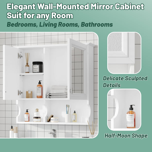 English Elm 30 30 Inch Mirror Medicine Cabinet with Half-Moon Design, Soft-Close Hinges, Open Shelf & Solid-Wood Frame White N710P322812K