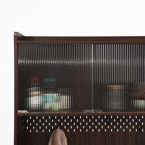 English Elm 71"Tall Walnut Kitchen Pantry Cabinet with Reeded Glass Doors, Microwave Stand, Pegboard Hooks, Large Storage W409P171380