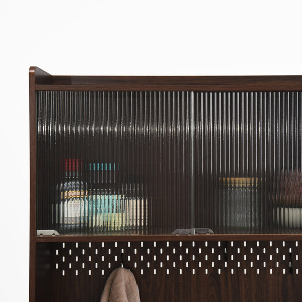 English Elm 71"Tall Walnut Kitchen Pantry Cabinet with Reeded Glass Doors, Microwave Stand, Pegboard Hooks, Large Storage W409P171380