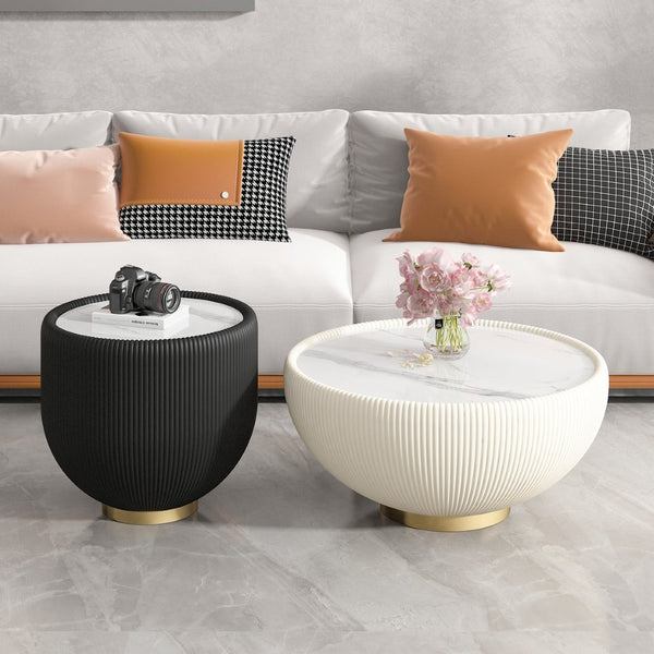 English Elm Modern Sintered Stone Round Side Table Leather Edge Brass Base Living Room Accent Gold+Black,Marble W3081P293641